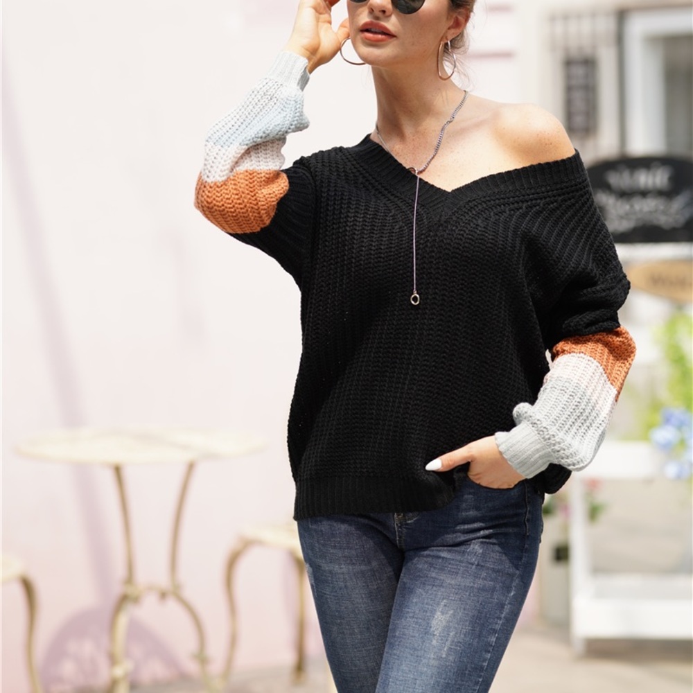 Boho Stripe Oversized Knit Pullover Sweater BLACK